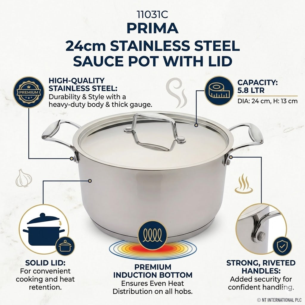 Prima 24cm Stainless Steel Sauce Pot with Lid - 5.8L Induction Base