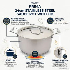 Prima 24cm Stainless Steel Sauce Pot with Lid - 5.8L Induction Base