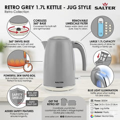 Salter Retro 1.7L Kettle - Grey 3000W Rapid Boil Cordless Jug Kettle
