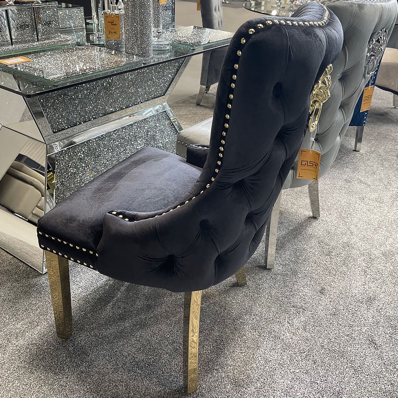 Set of 2 Victoria Black Velvet & Gold Dining Chairs with Lion Ring Knocker – Home Luxe Interior