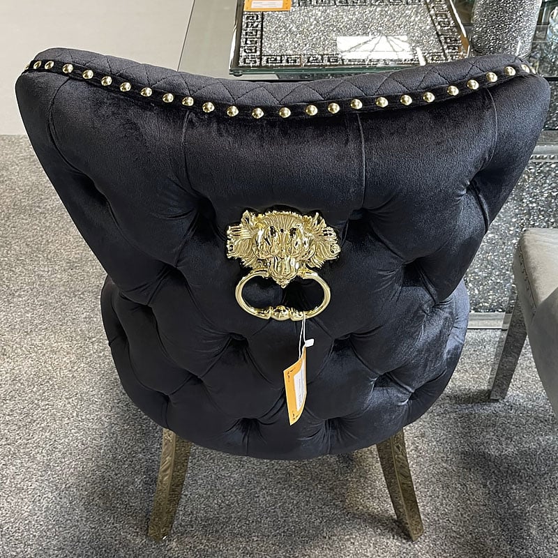 Set of 2 Victoria Black Velvet & Gold Dining Chairs with Lion Ring Knocker – Home Luxe Interior