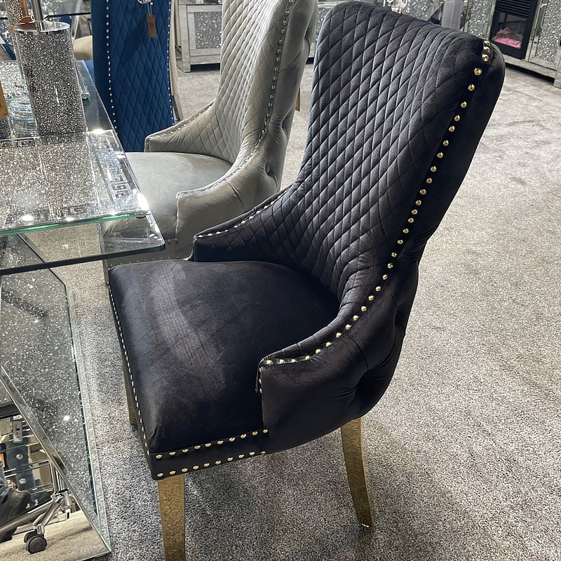 Set of 2 Victoria Black Velvet & Gold Dining Chairs with Lion Ring Knocker – Home Luxe Interior