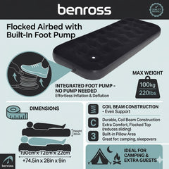 Single Flocked Airbed with Built-In Foot Pump - Black 190cm