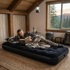Single Flocked Airbed with Built-In Foot Pump - Black 190cm