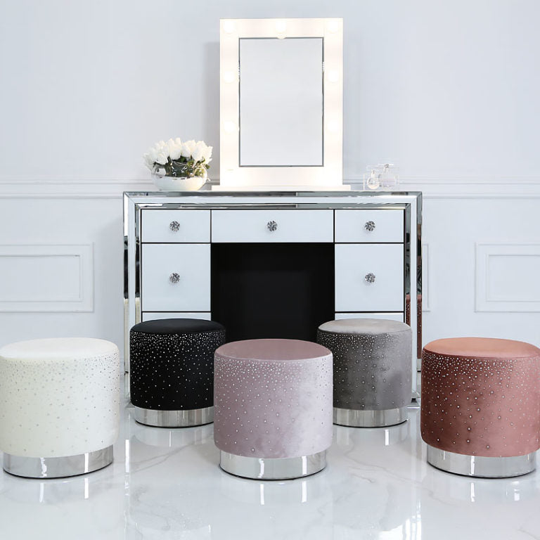 Lavender Round Stool With Velvet Fabric And Sparkling Diamantes – Home Luxe Interior