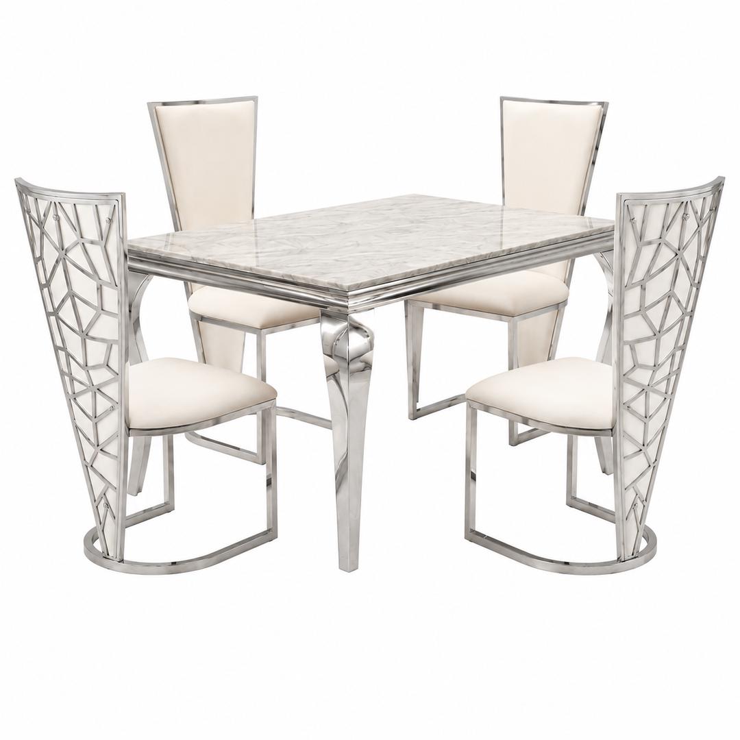 1.2m Grey Marble Dining Table with 4 Vienna Cream Silver Chairs UK