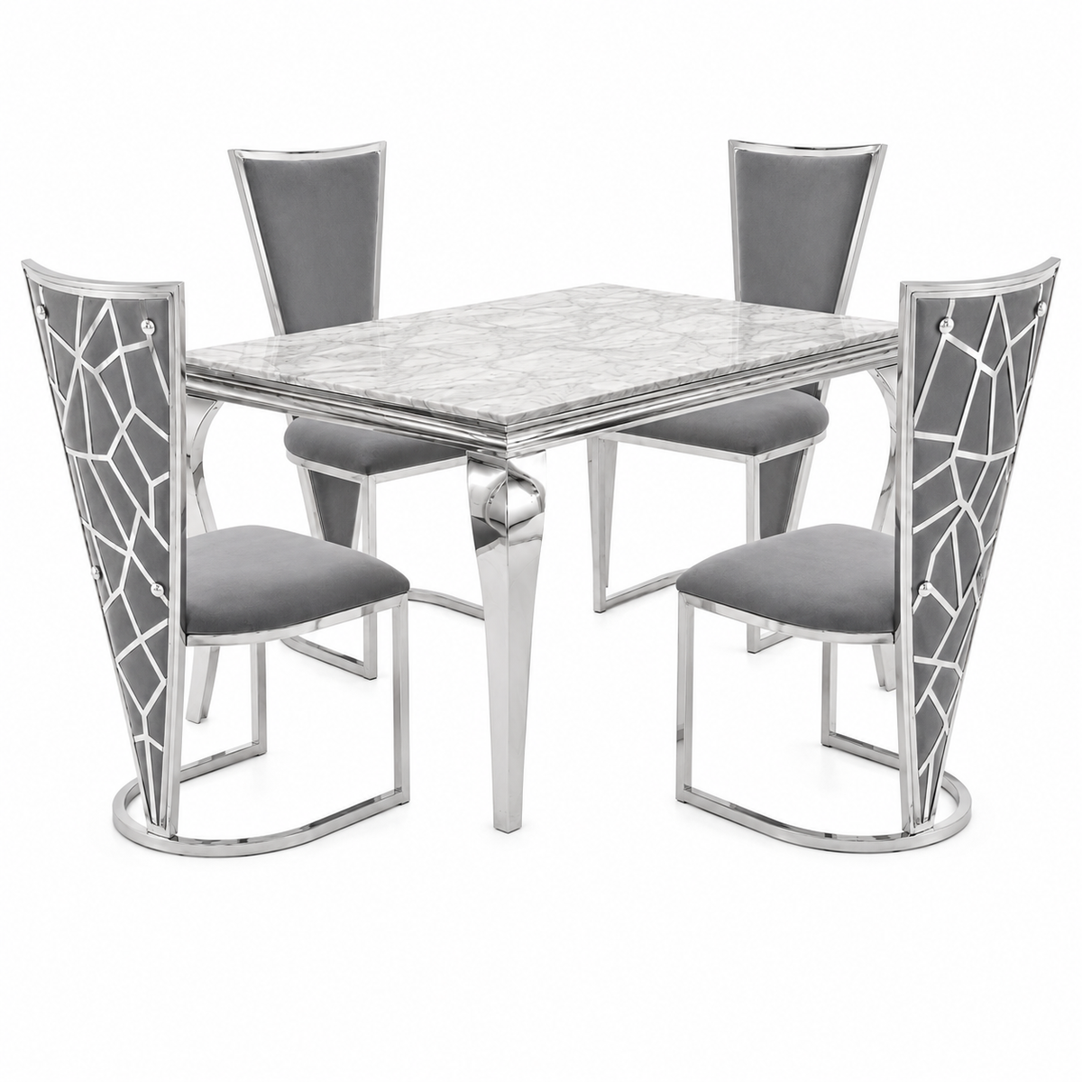 1.2m Marble Dining Table & 4 Vienna Grey Silver Velvet Chairs Set