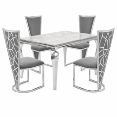 1.2m Marble Dining Table & 4 Vienna Grey Silver Velvet Chairs Set