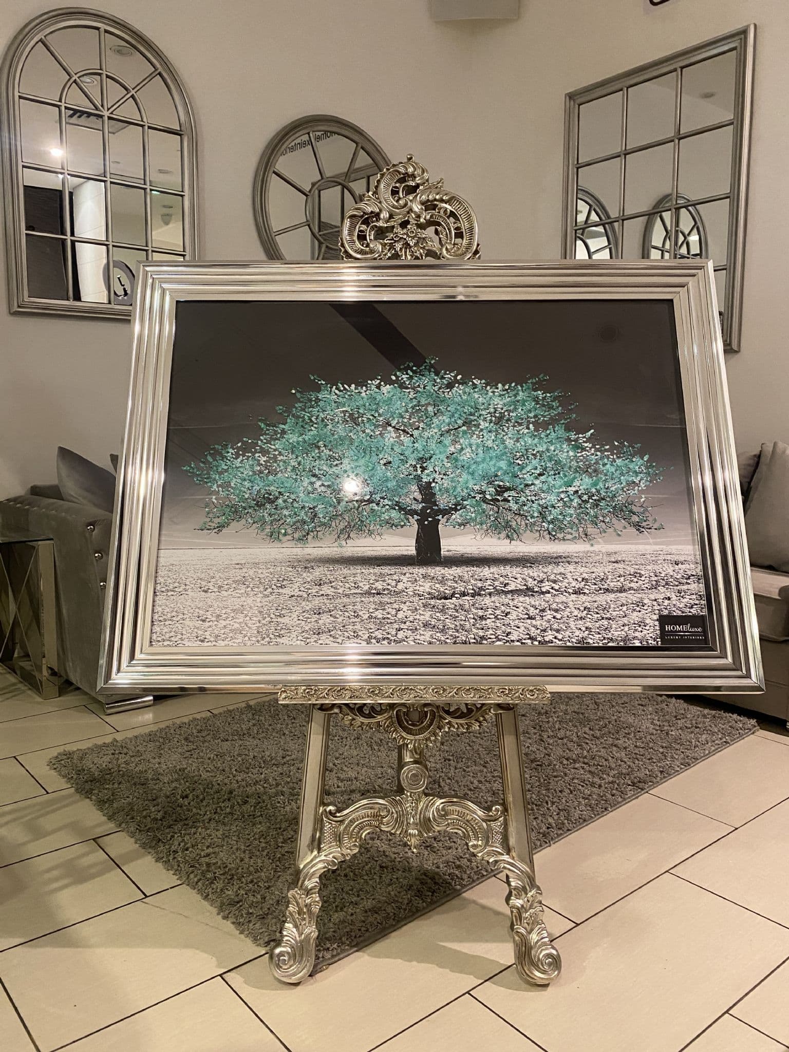 [EKM-AUTOGENERATED]Aqua Blossom Tree Landscape Wall Art Chrome Step Frame 115Cm X 90Cm