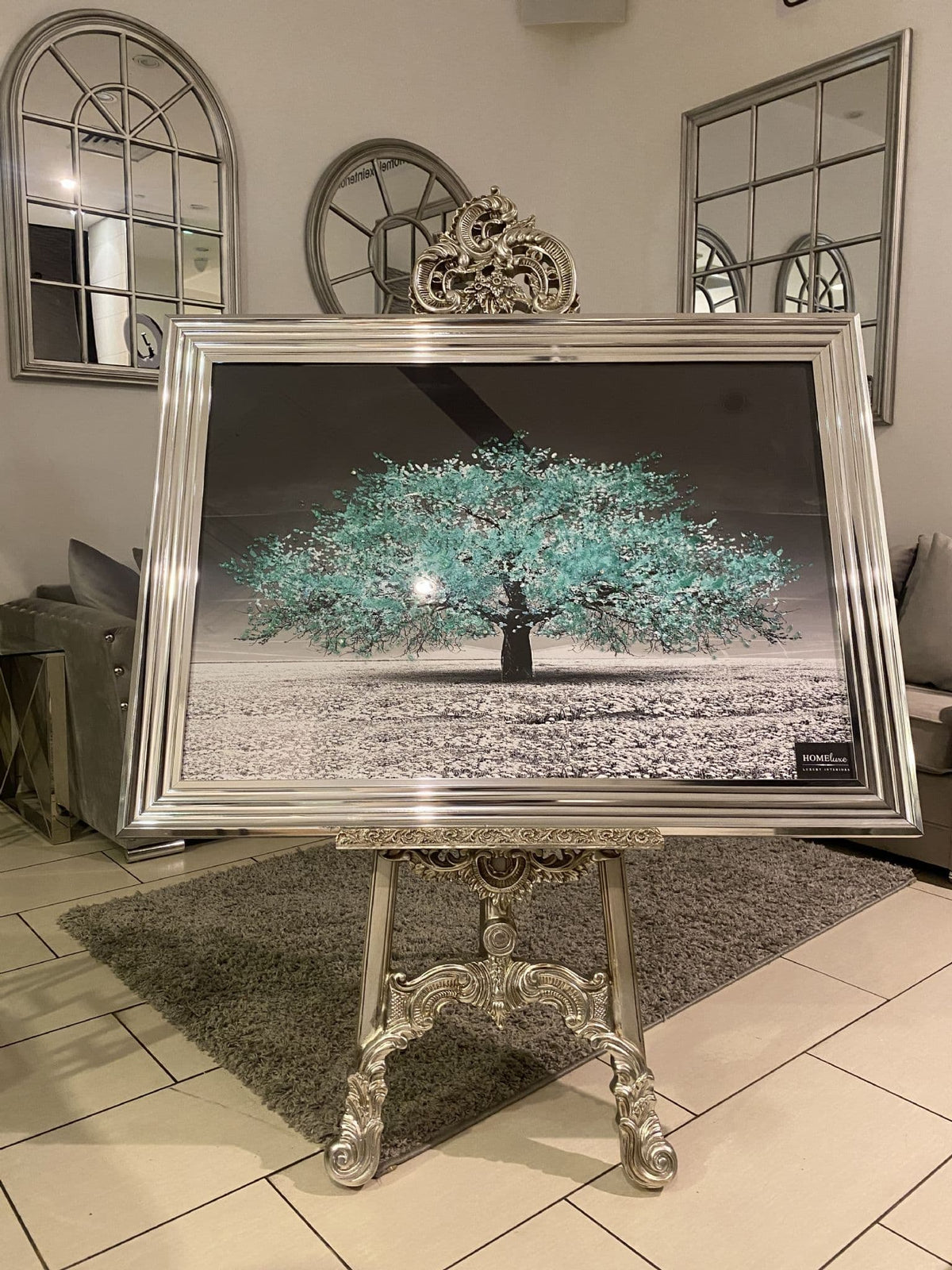 [EKM-AUTOGENERATED]Aqua Blossom Tree Landscape Wall Art Chrome Step Frame 115Cm X 90Cm