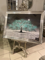 Aqua Blossom Tree Landscape Wall Art Chrome Step Frame 115Cm X 90Cm
