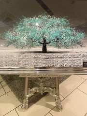 Aqua Blossom Tree Landscape Wall Art Chrome Step Frame 115Cm X 90Cm