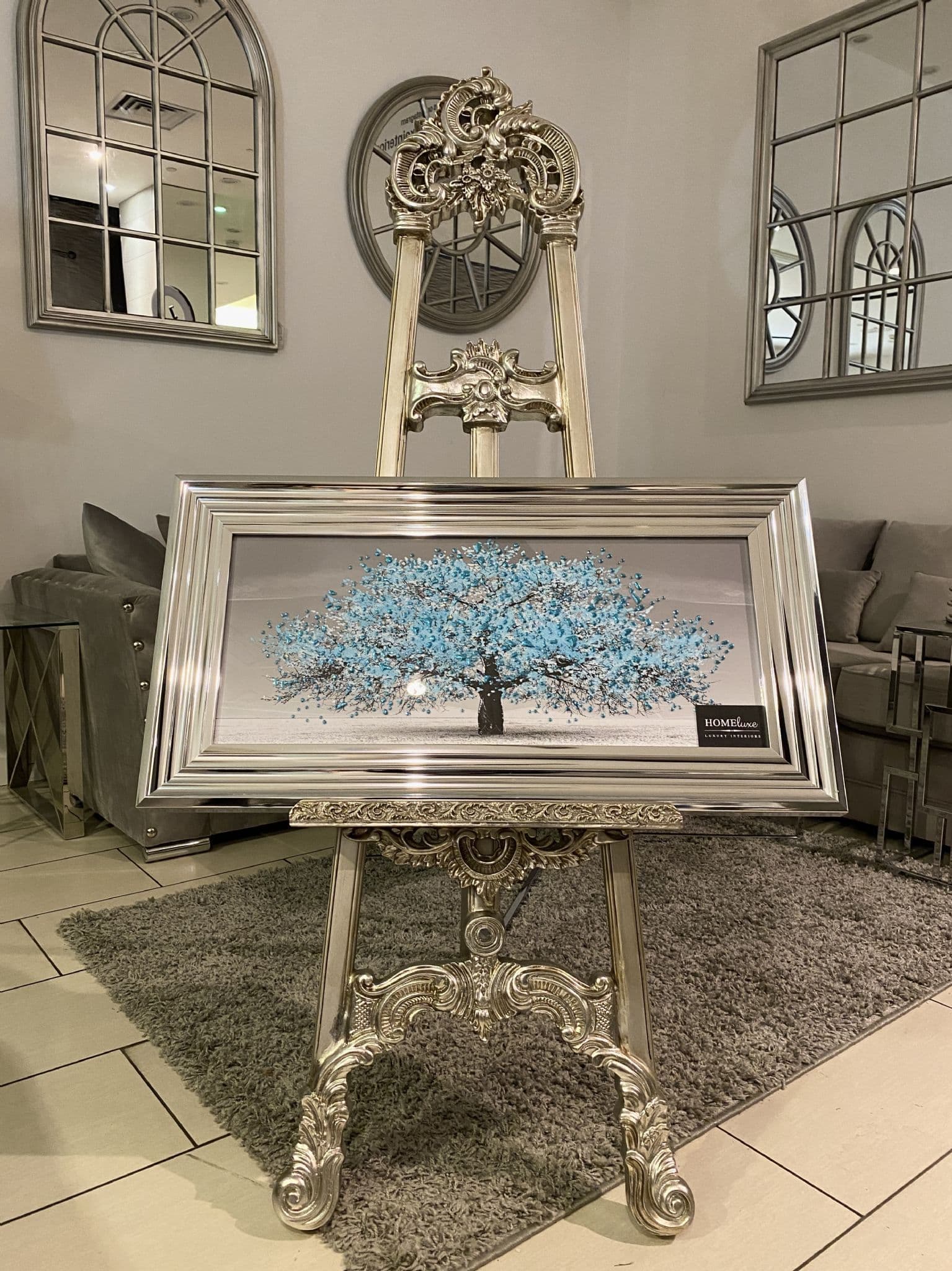 [EKM-AUTOGENERATED]Aqua Blossom Tree Wall Art Chrome Step Frame 85Cm X 45Cm