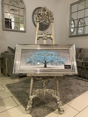 [EKM-AUTOGENERATED]Aqua Blossom Tree Wall Art Chrome Step Frame 85Cm X 45Cm