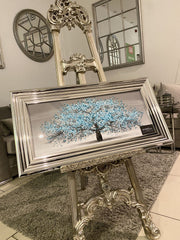 Aqua Blossom Tree Wall Art Chrome Step Frame 85Cm X 45Cm