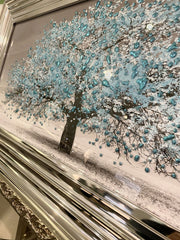 Aqua Blossom Tree Wall Art Chrome Step Frame 85Cm X 45Cm