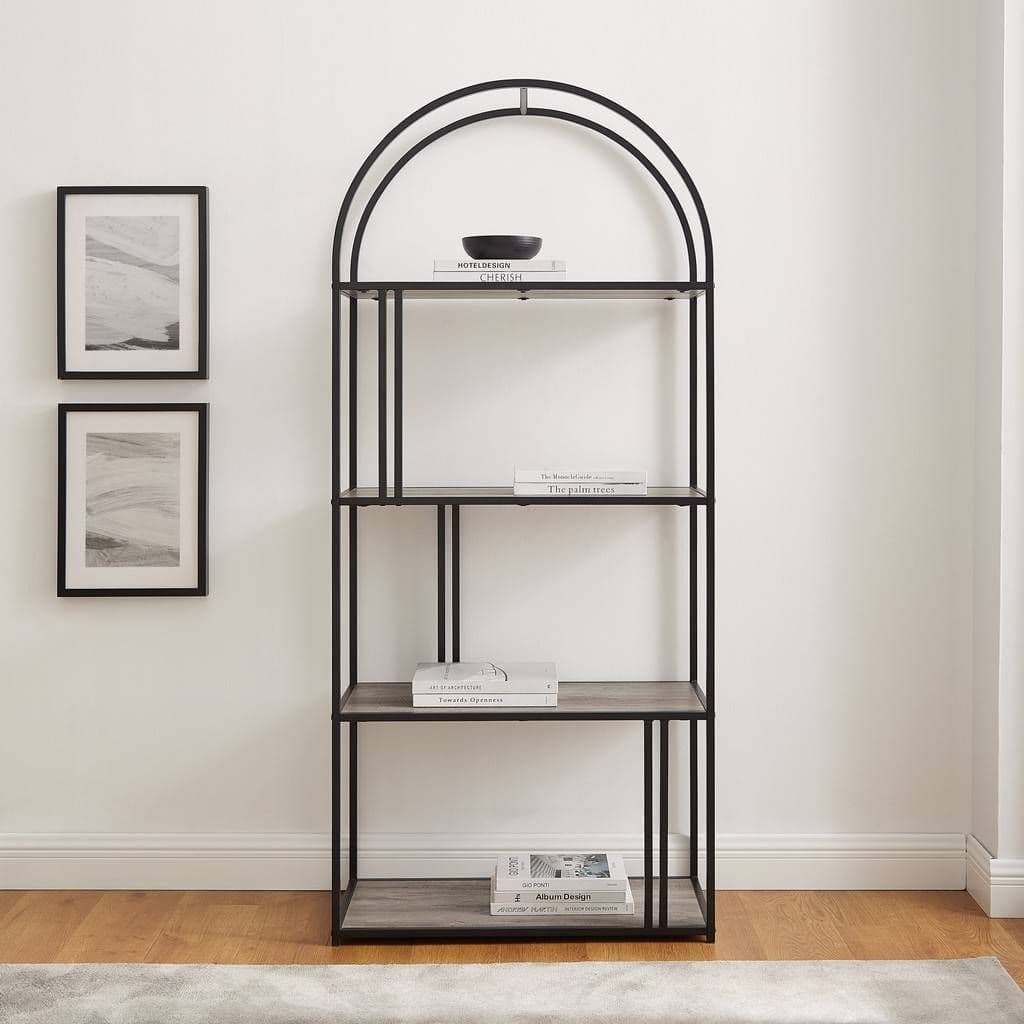 [EKM-AUTOGENERATED]Arched Frame 4-Shelf Bookshelf - Grey Wash