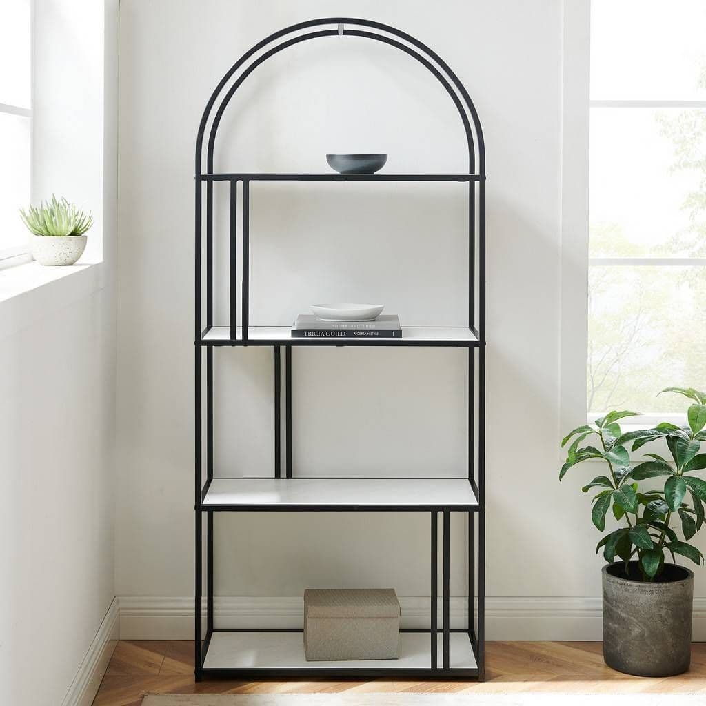 [EKM-AUTOGENERATED]Arched Frame 4-Shelf Bookshelf - White Faux Marble