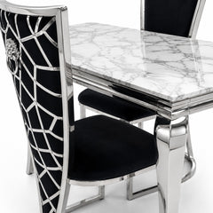 1.2m Grey Marble Dining Table with 4 Vienna Black Silver Chairs UK