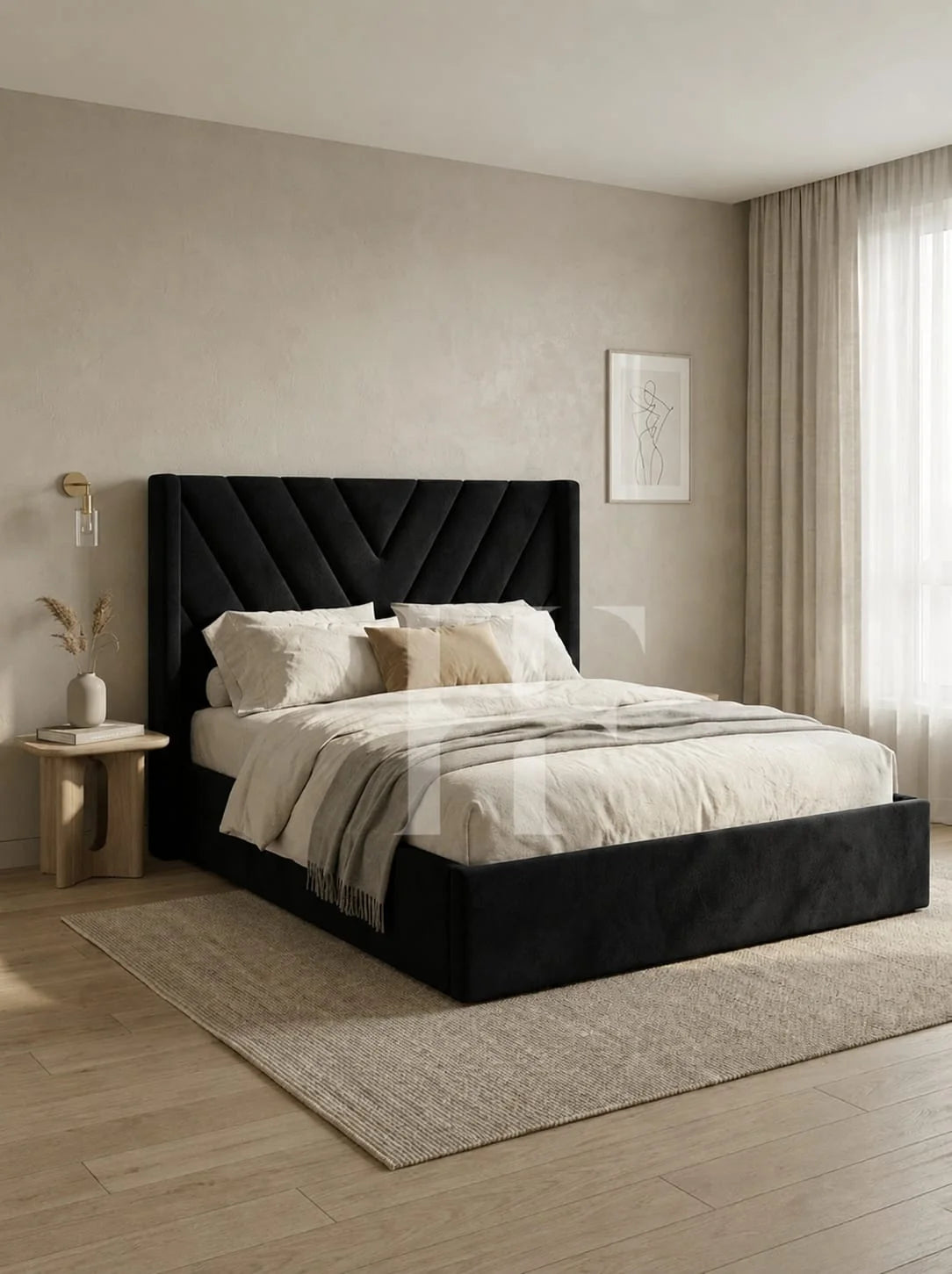 Modern  Velvet Chevron V-Pattern Upholstered Bed Frame