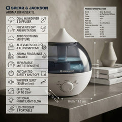 Spear & Jackson 1L Aroma Diffuser & Humidifier - 18 Mist Levels