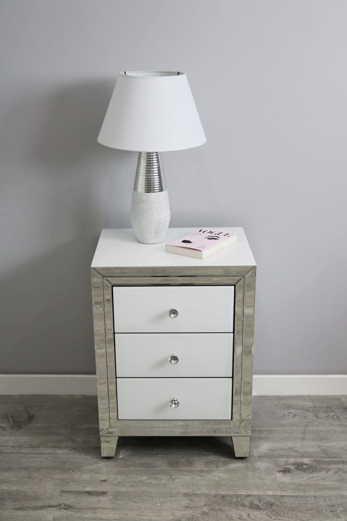 [EKM-AUTOGENERATED]Bianco 3 Drawer White Mirror Bedside Cabinet