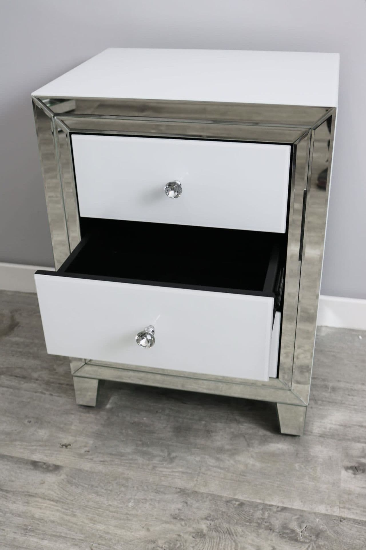 Bianco 3 Drawer White Mirror Bedside Cabinet