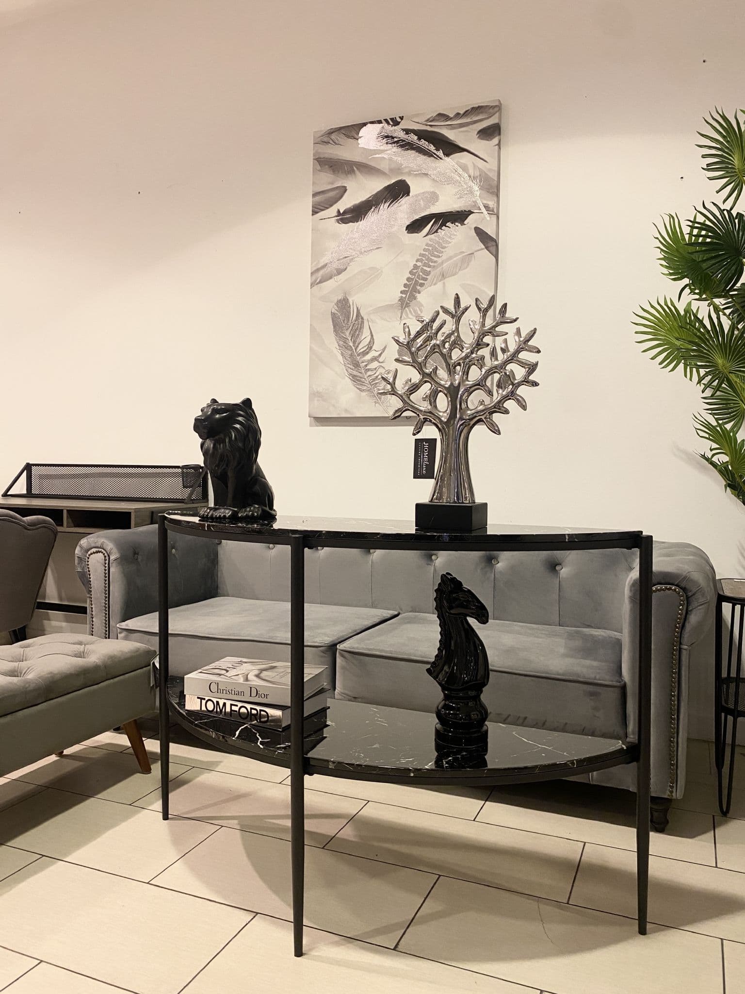 [EKM-AUTOGENERATED]Black Half Moon Marble Effect Console Table With Black Frame
