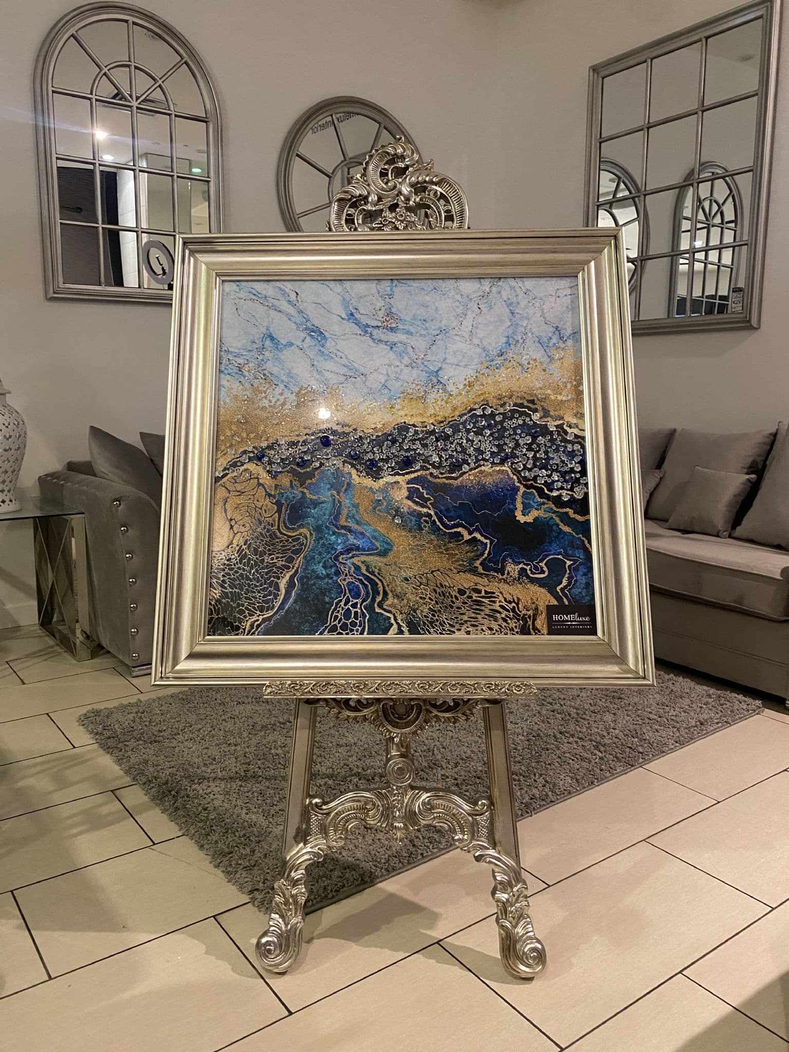 [EKM-AUTOGENERATED]Blue & Gold Acacia Abstract Wall Art Champagne Step Frame 85Cm X 85Cm