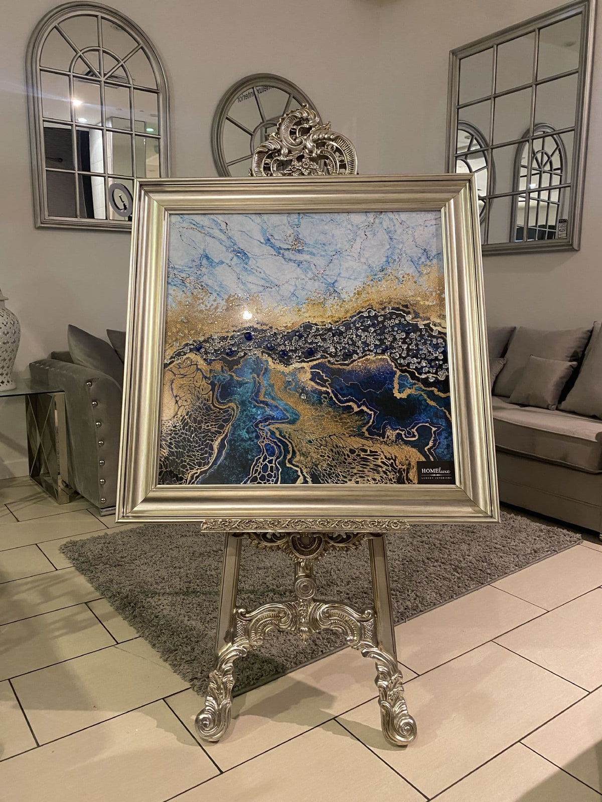 [EKM-AUTOGENERATED]Blue & Gold Acacia Abstract Wall Art Champagne Step Frame 85Cm X 85Cm