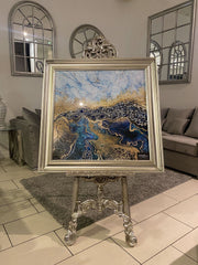 [EKM-AUTOGENERATED]Blue & Gold Acacia Abstract Wall Art Champagne Step Frame 85Cm X 85Cm