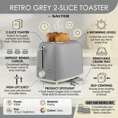 Salter Retro 2-Slice Toaster - Grey 930W Wide Slot with 6 Browning Levels