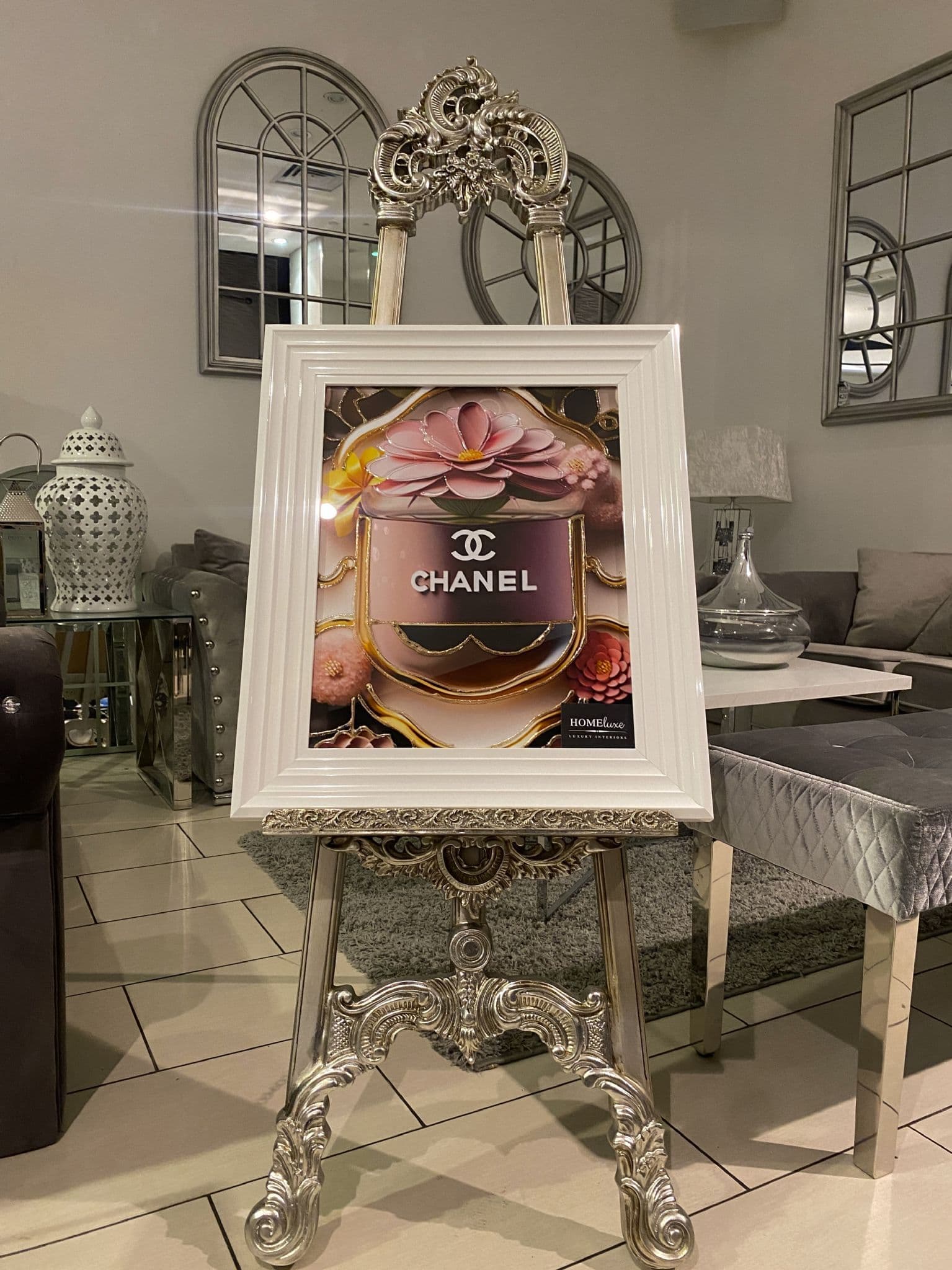 [EKM-AUTOGENERATED]Chanel Floral Pink Wall Art White Chrome Step Frame 55Cm X 65Cm