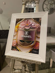 Chanel Floral Pink Wall Art White Chrome Step Frame 55Cm X 65Cm