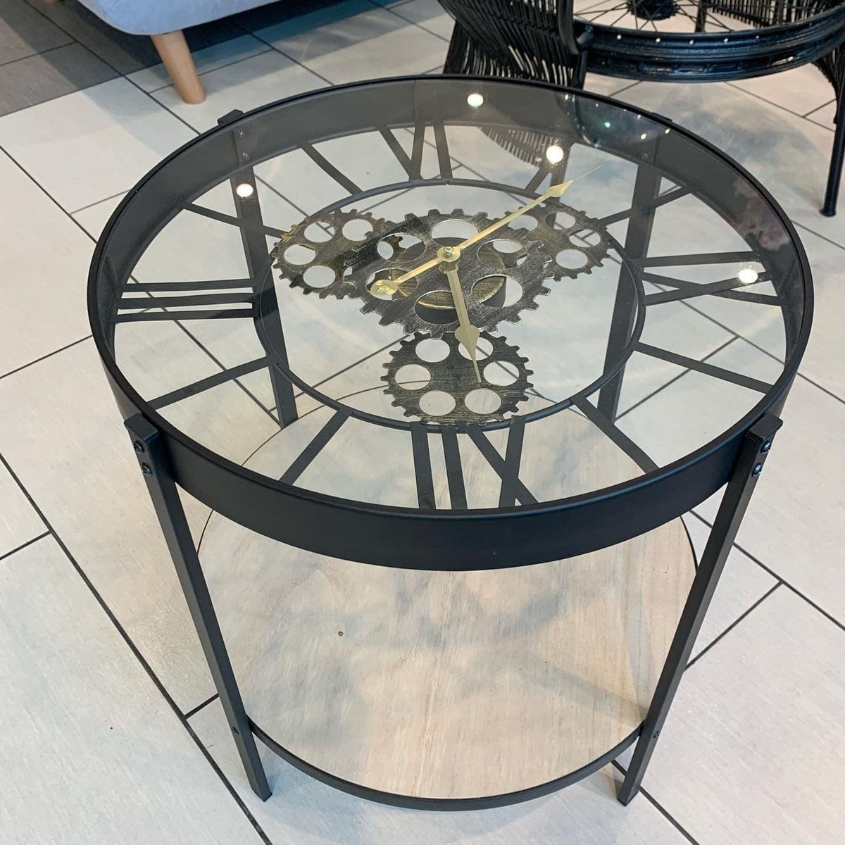 [EKM-AUTOGENERATED]Clock Table Metal With Wooden Shelf