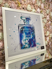 Coco Chanel Blue Perfume Bottle Art With White Frame