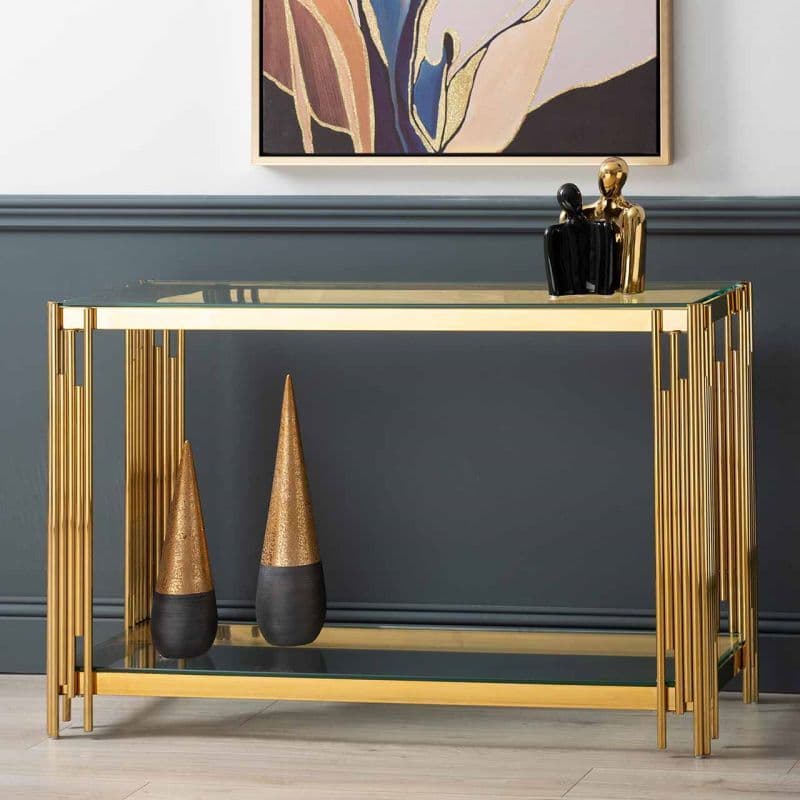 [EKM-AUTOGENERATED]Cohen Gold Steel Tubes & Clear Glass Console Table