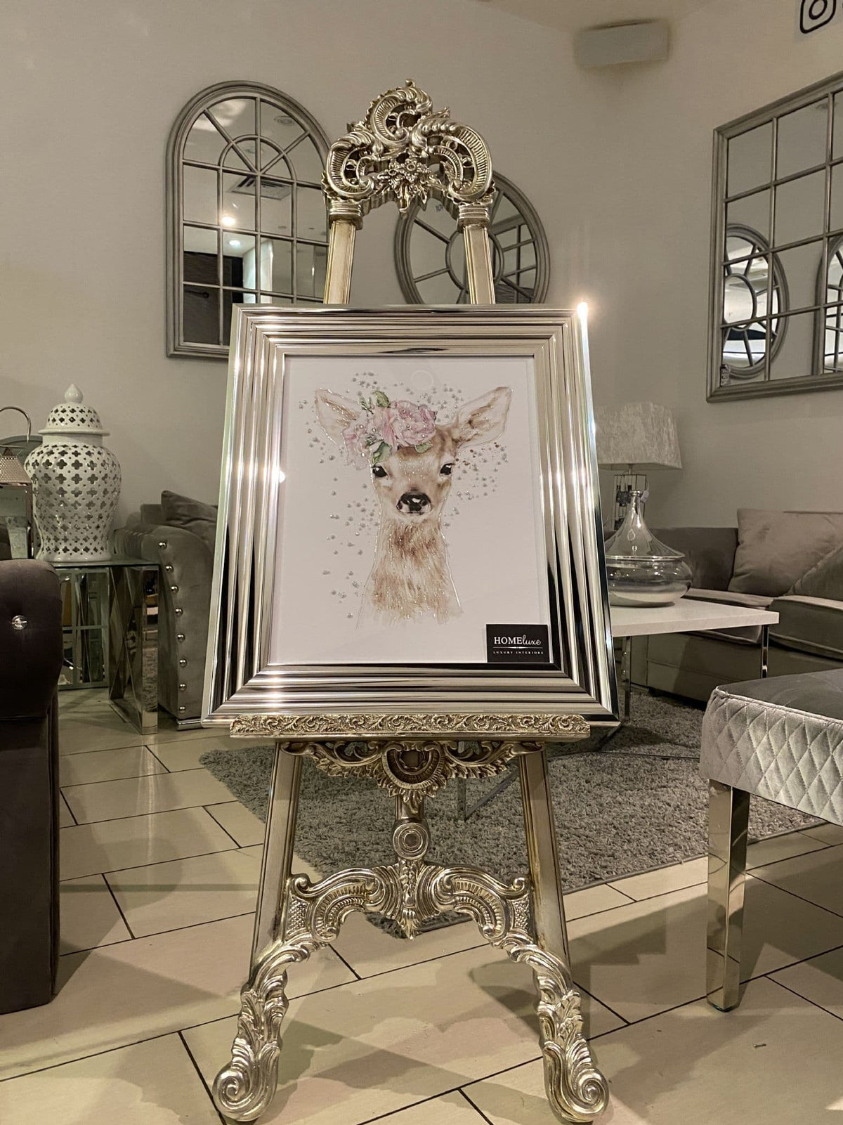 [EKM-AUTOGENERATED]Deer Floral Watercolour Wall Art Chrome Step Frame 55Cm X 65Cm