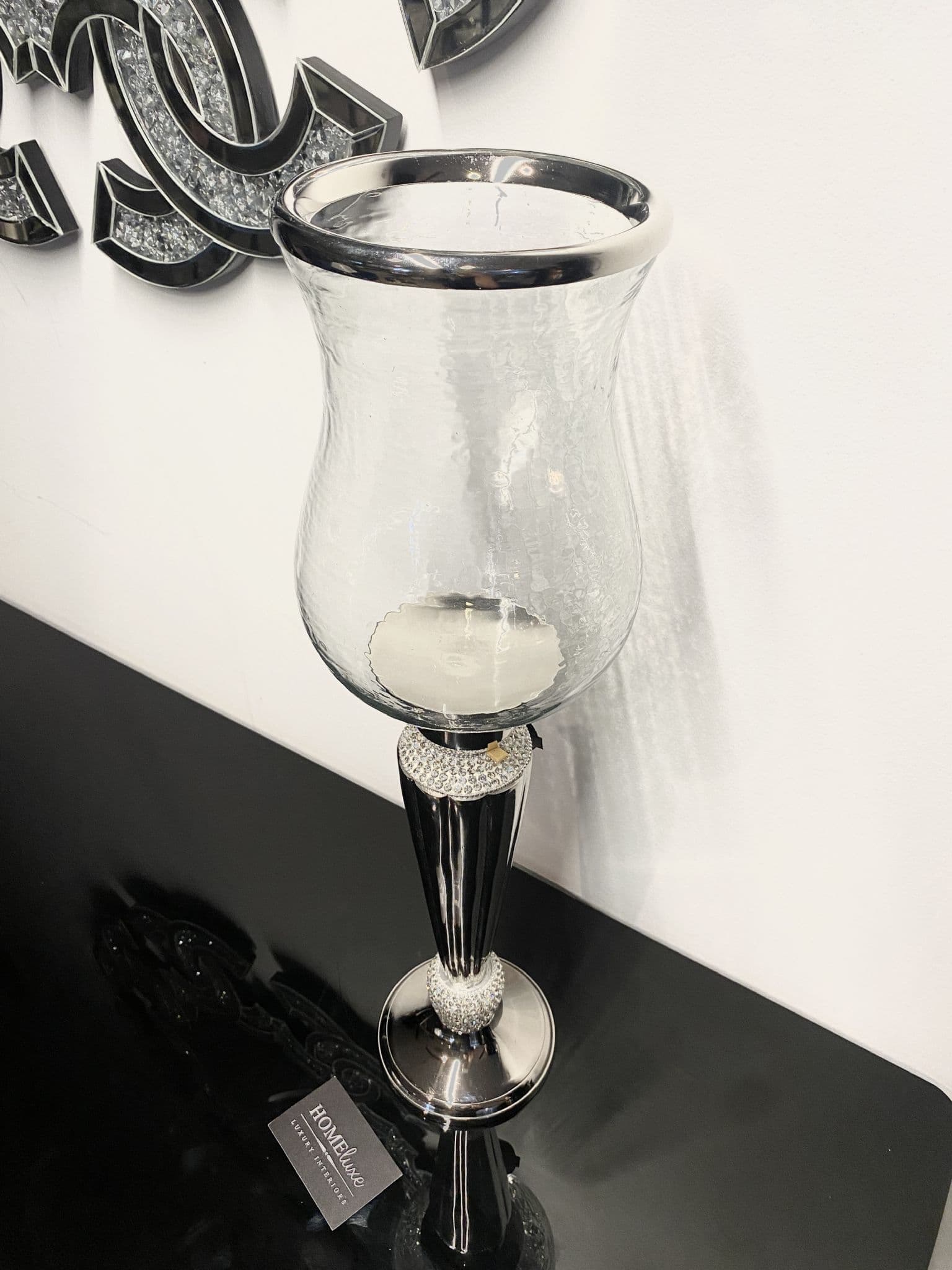 Diamante Silver Fluted Hurricane Candle Holder