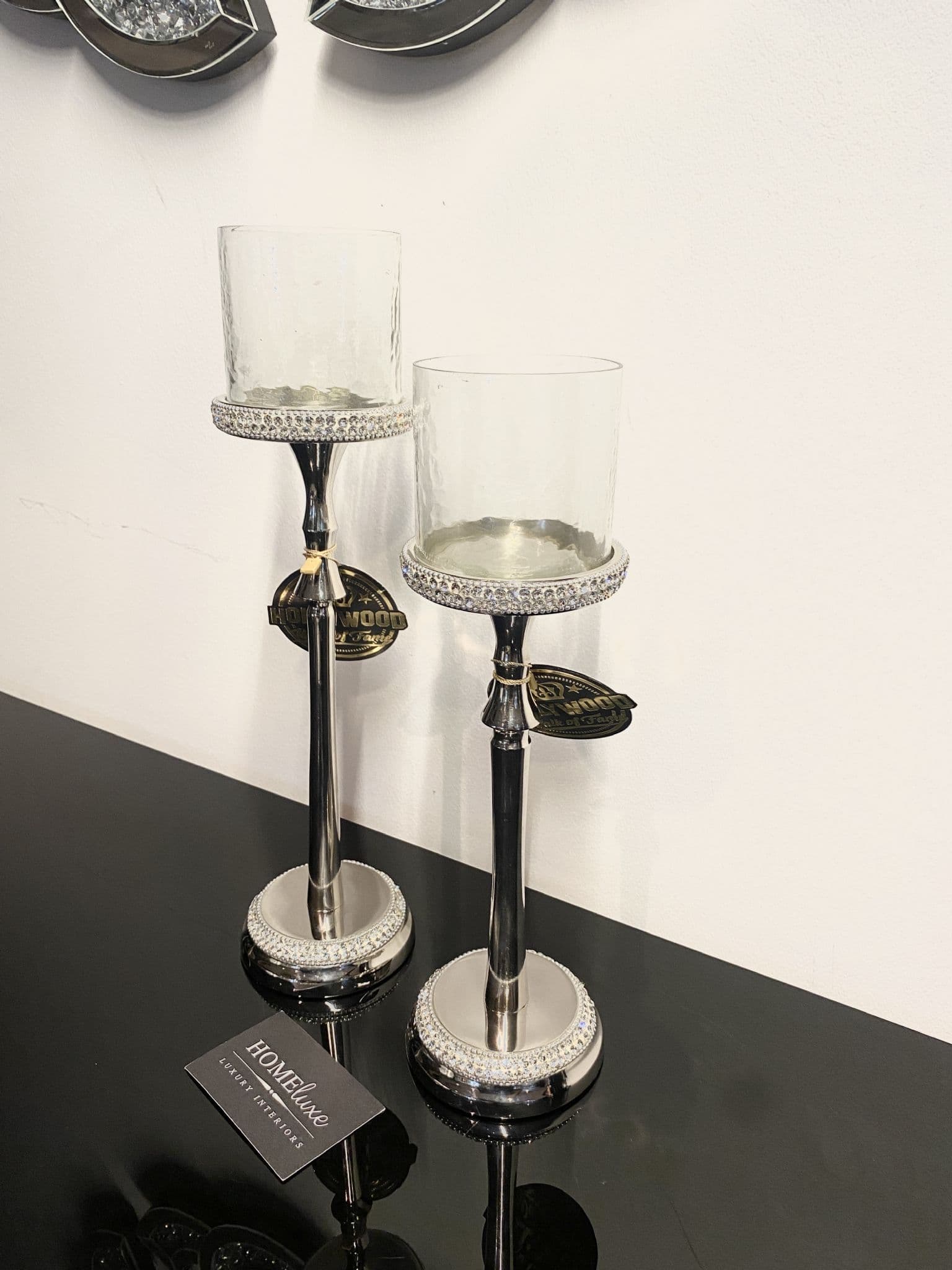 Diamante Silver Slimline Glass Candle Holder Medium