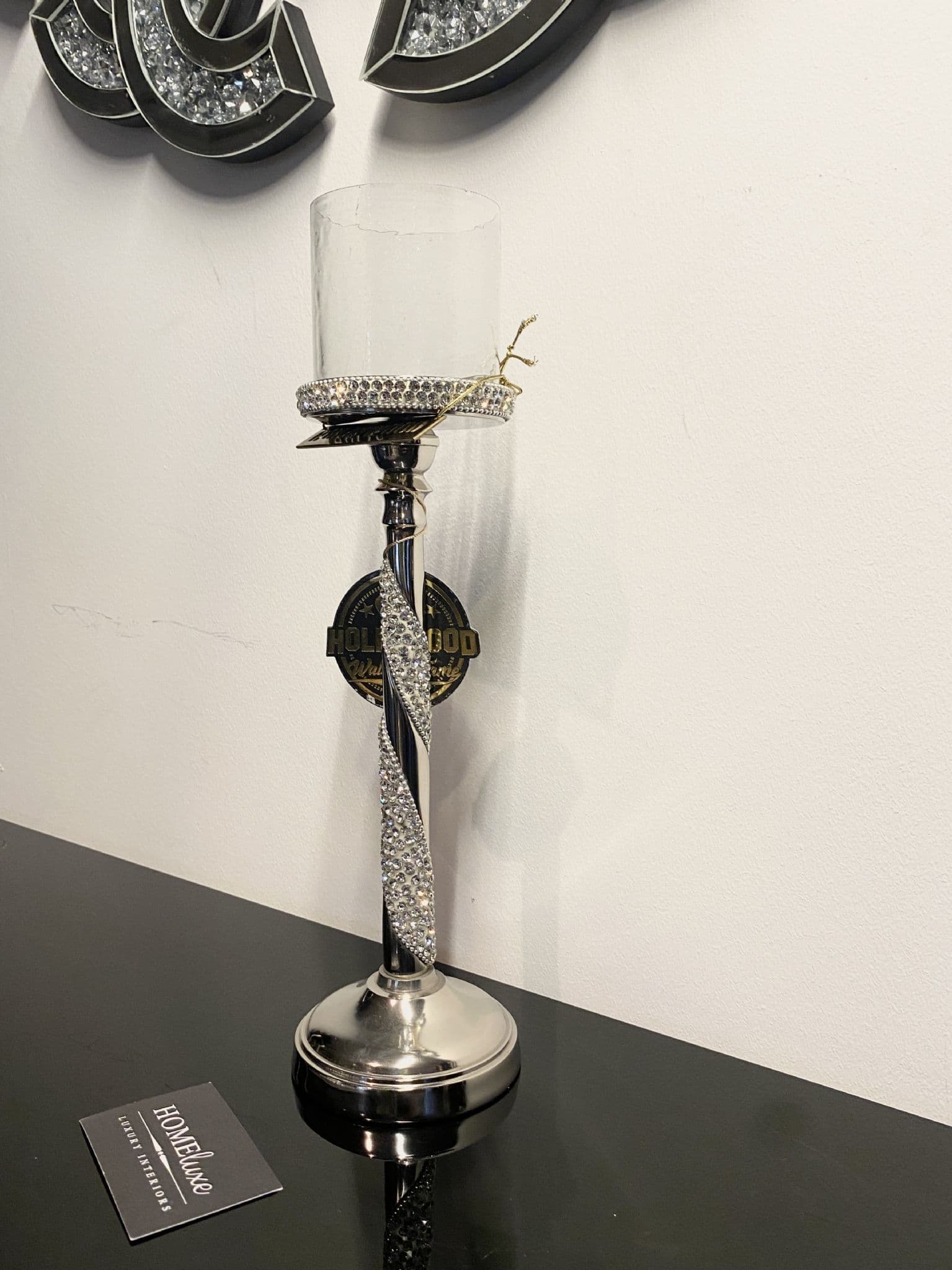 [EKM-AUTOGENERATED]Diamante Silver Twist Glass Candle Holder Medium
