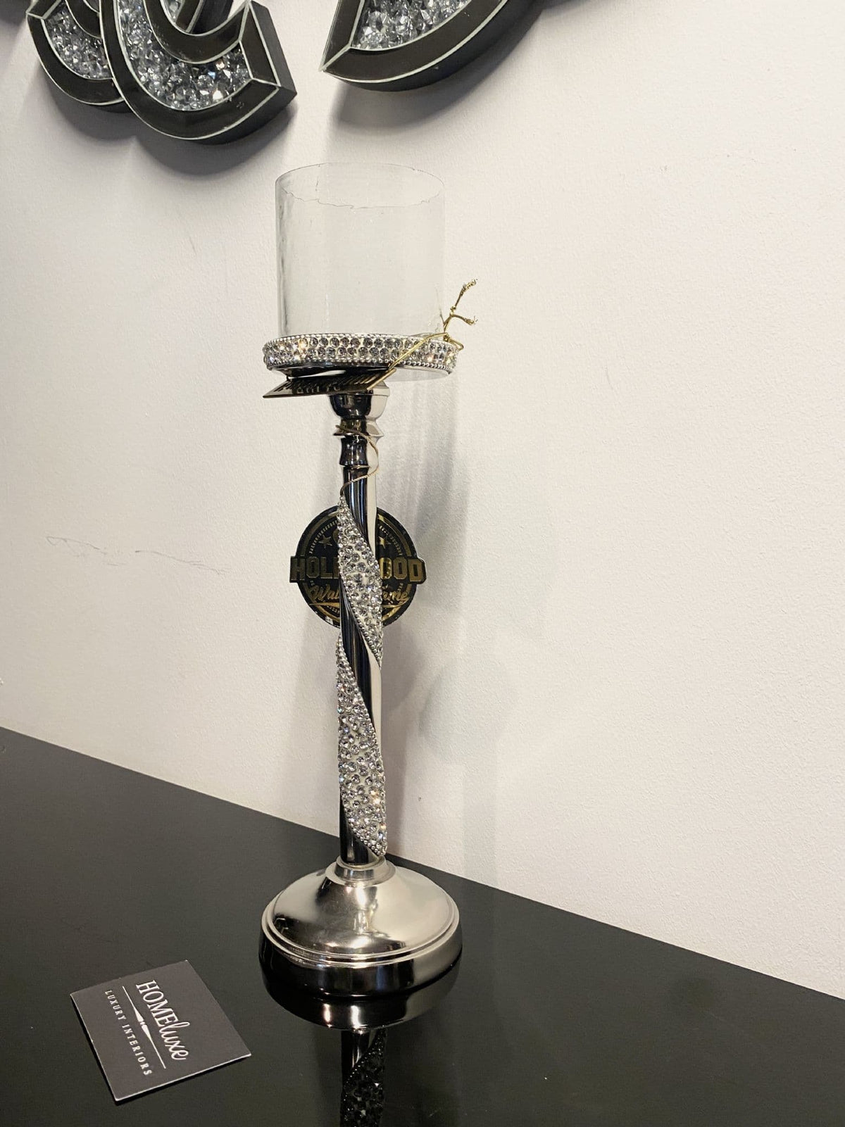 [EKM-AUTOGENERATED]Diamante Silver Twist Glass Candle Holder Medium