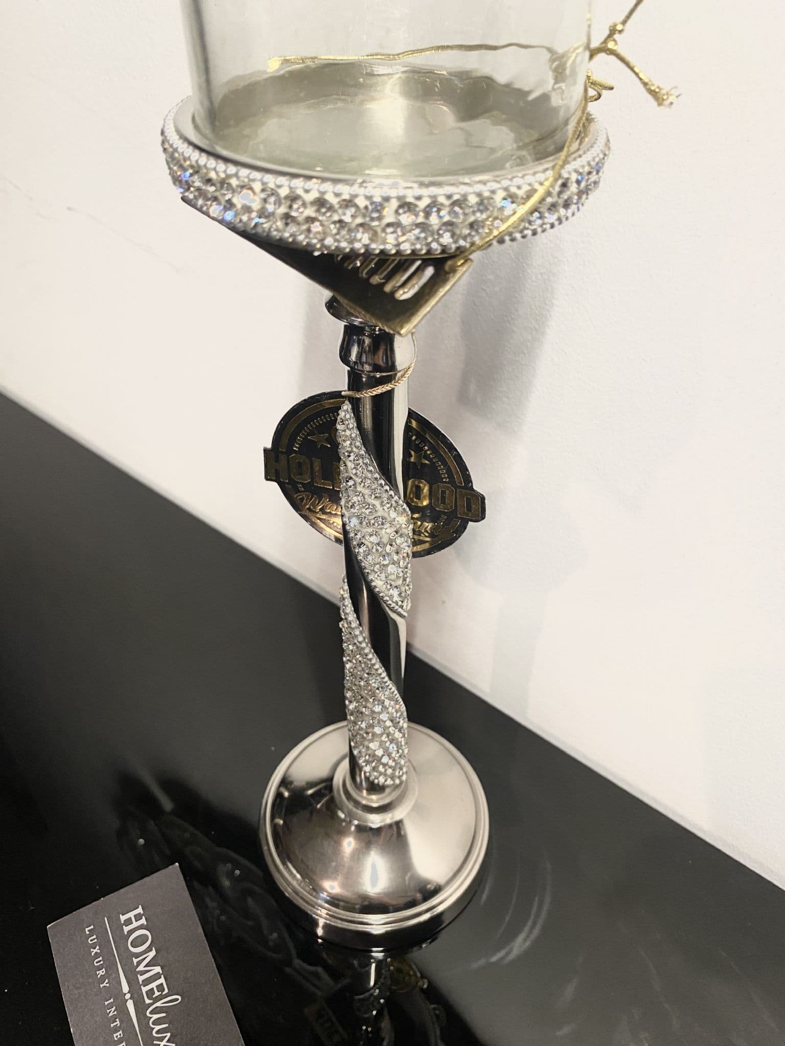 Diamante Silver Twist Glass Candle Holder Medium