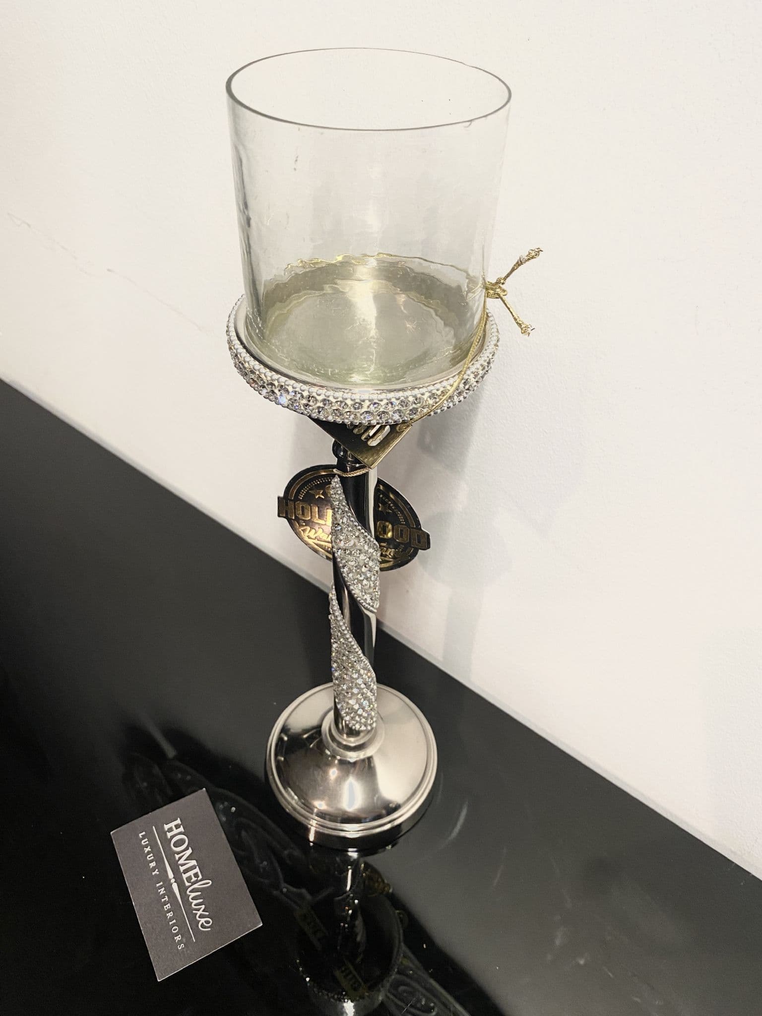 Diamante Silver Twist Glass Candle Holder Medium