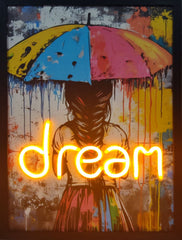 DREAM' Neon LED Wall Art - 40x60cm Girl with Umbrella Canvas USB