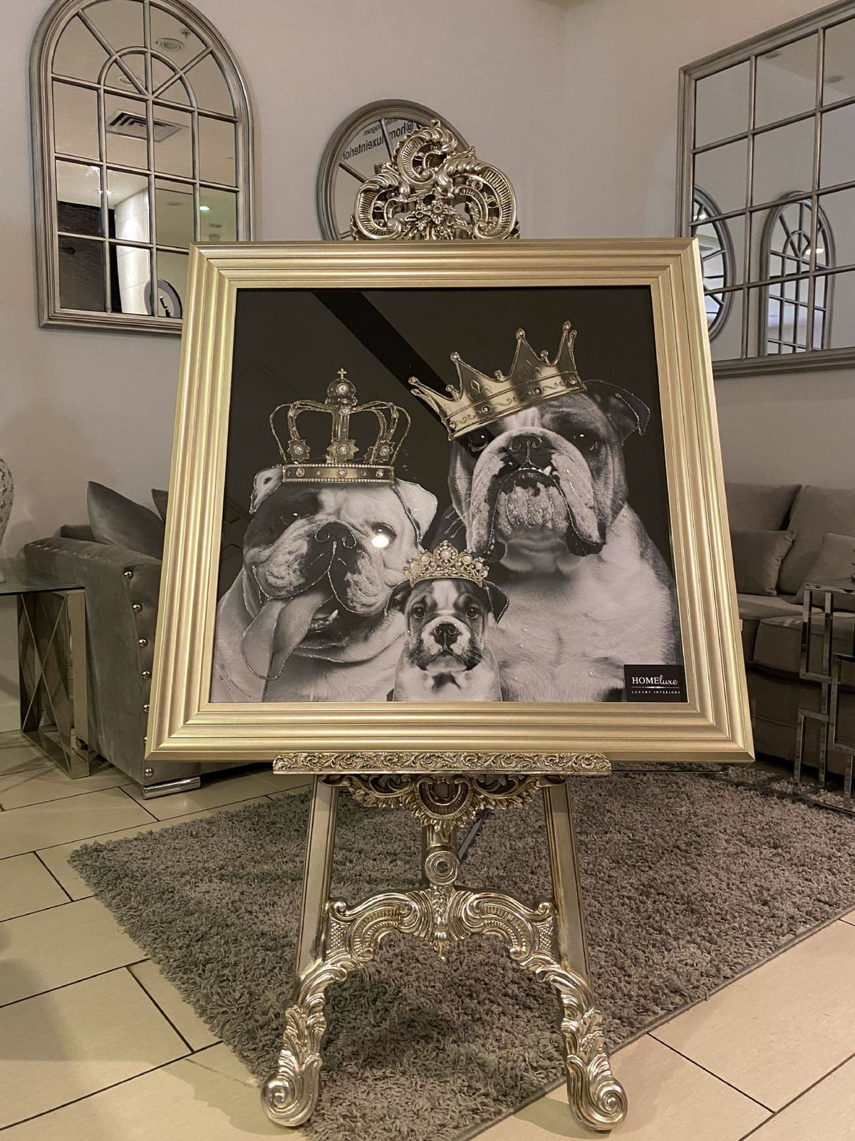 [EKM-AUTOGENERATED]English Bulldog Family Girls With Crown Wall Art Champagne Step Frame 85Cm x 85cm