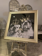 English Bulldog Family Girls With Crown Wall Art Champagne Step Frame 85Cm x 85cm
