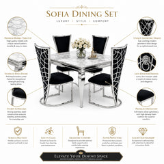 1.2m Grey Marble Dining Table with 4 Vienna Black Silver Chairs UK