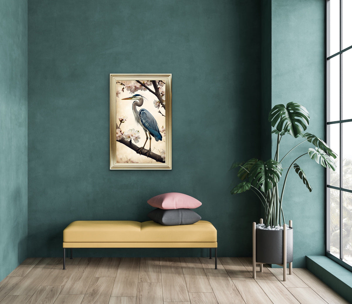French Velvet Blue heron amid cherry blossoms, Vintage - Home Luxe Interior