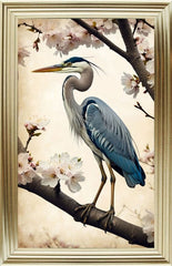 French Velvet Blue heron amid cherry blossoms, Vintage - Home Luxe Interior